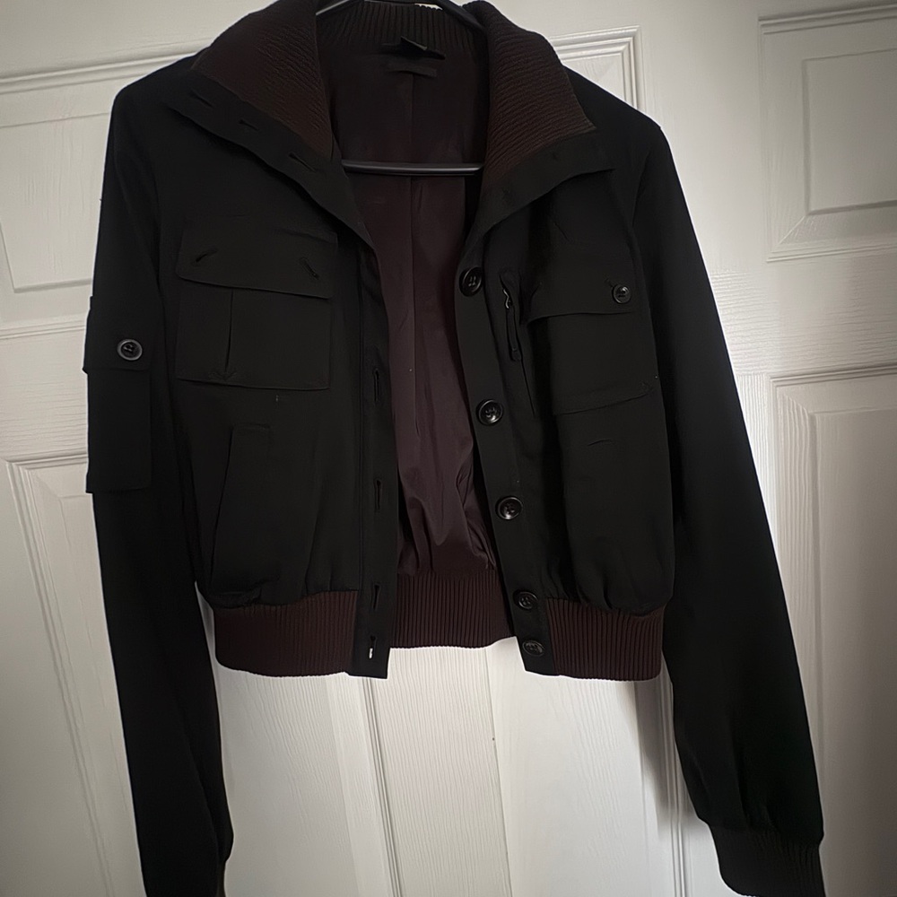 Guess Women's Black Bomber Jacket with Brown Trim